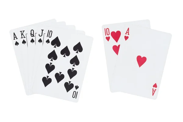 Royal straight flush of spades and blackjack playing cards — Stok fotoğraf